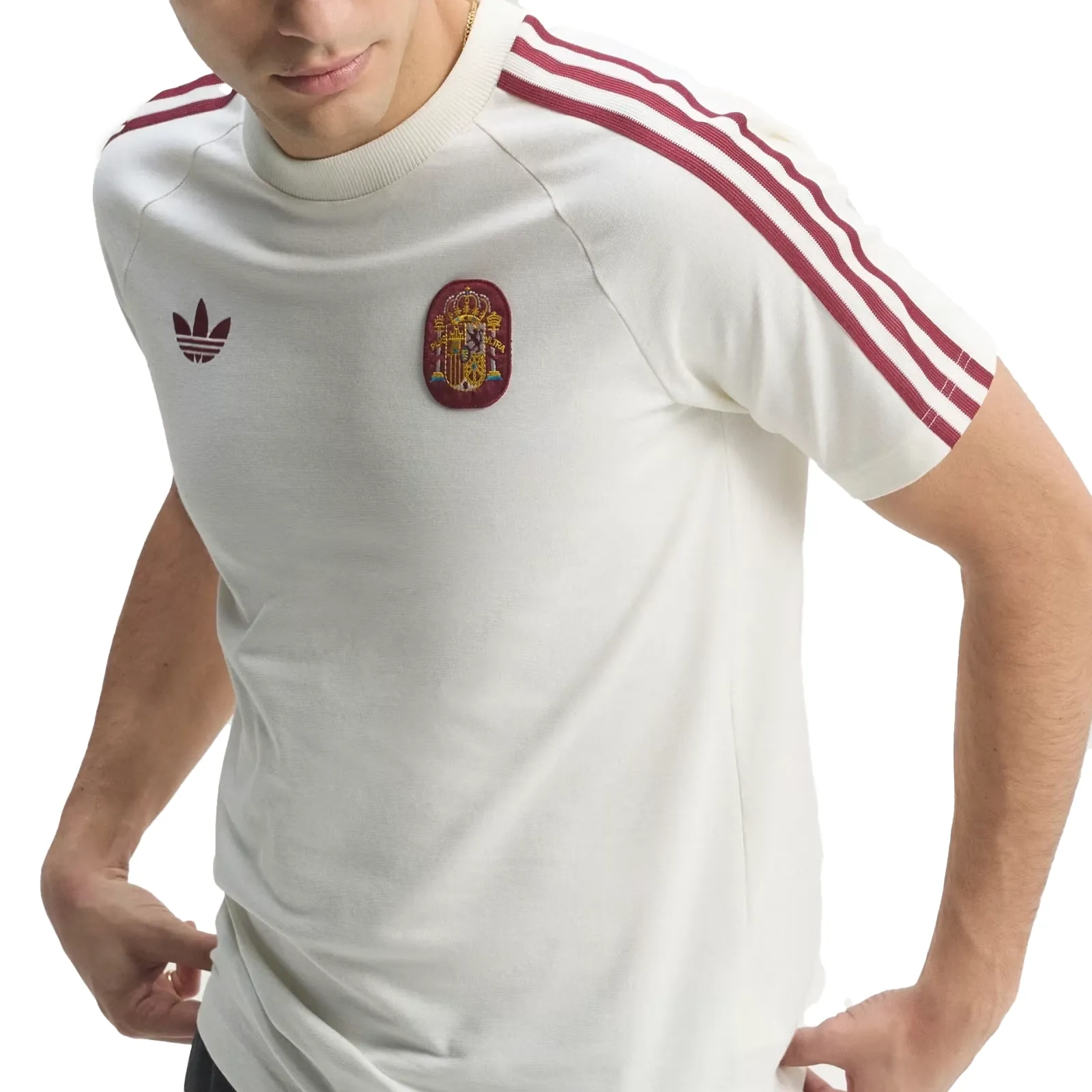Camiseta Adidas Espanha Originals masculina branca com detalhes vermelhos, gola redonda e mangas curtas